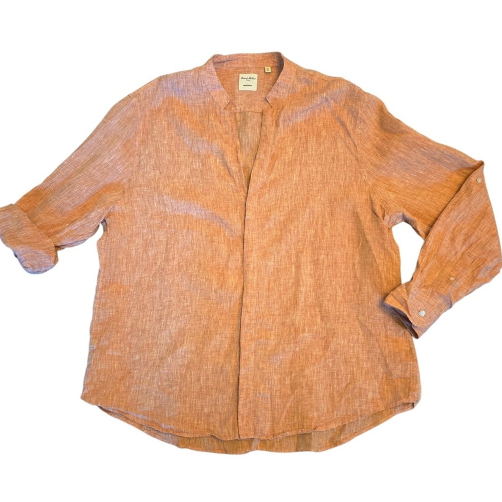 Murano Baird McNutt Linen Shirt Mens XL Orange Band Collar Roll Tab Popover